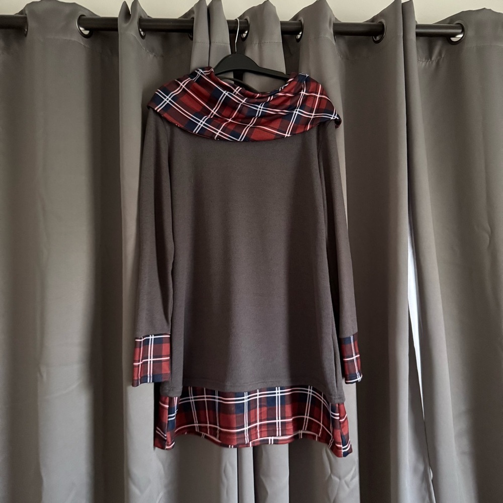 Plaid Trim Long Sleeve Mini Dress or Tunic